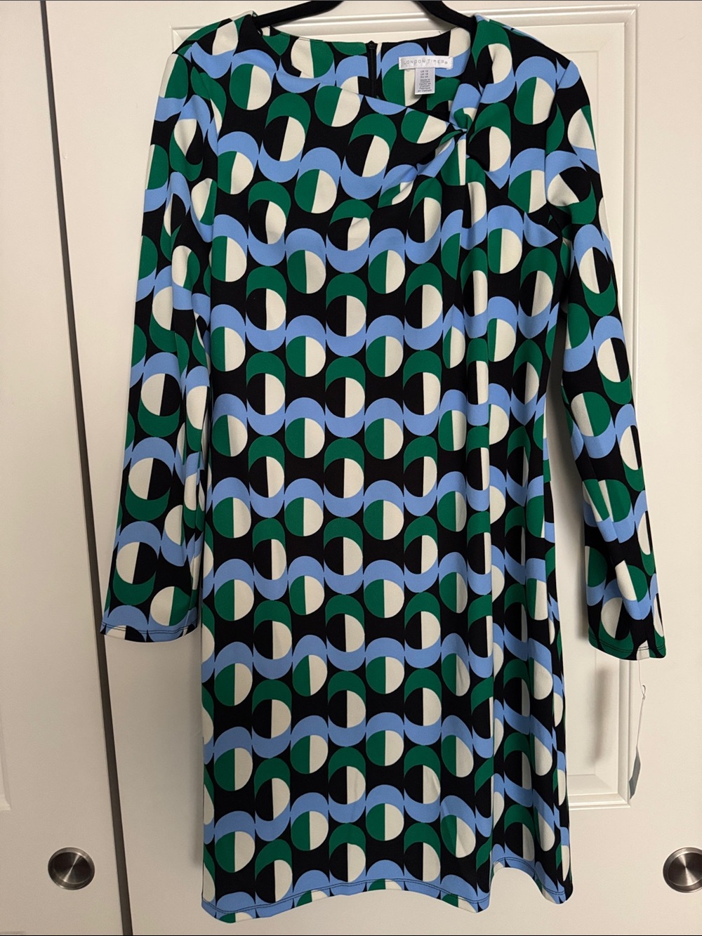 London Times Blue, Green & Black Geometric Long-Sleeve Dress